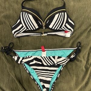 Guess Black & White Striped Bikini with Gold Zipper Accent